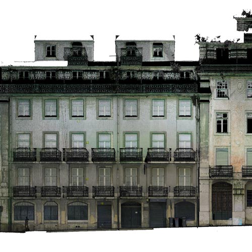 resultado de um levantamento arquitectonico por nuvem de pontos, onde se vê tdo o detalhe de uma fachada, quase parece uma fotografia